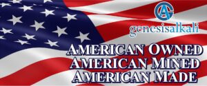 Gensis alkali log with an American Flag background. American Owned, Mined and Made animal nutritional suplements