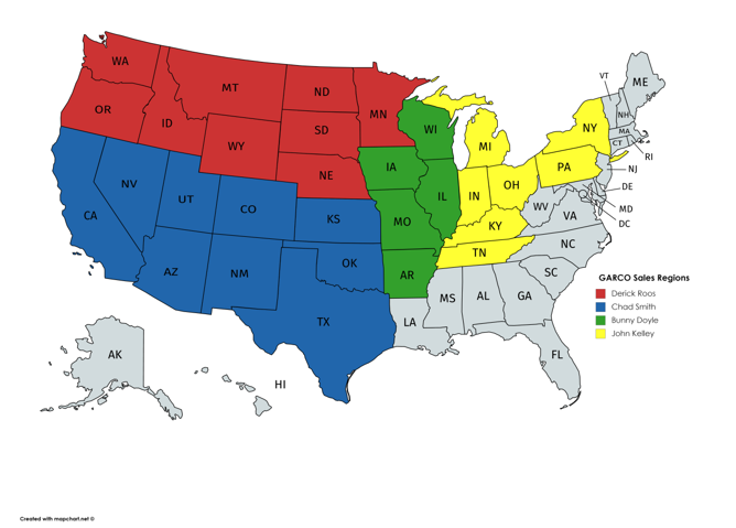 Outline Map of the United State with GARCO Sales Regions in color