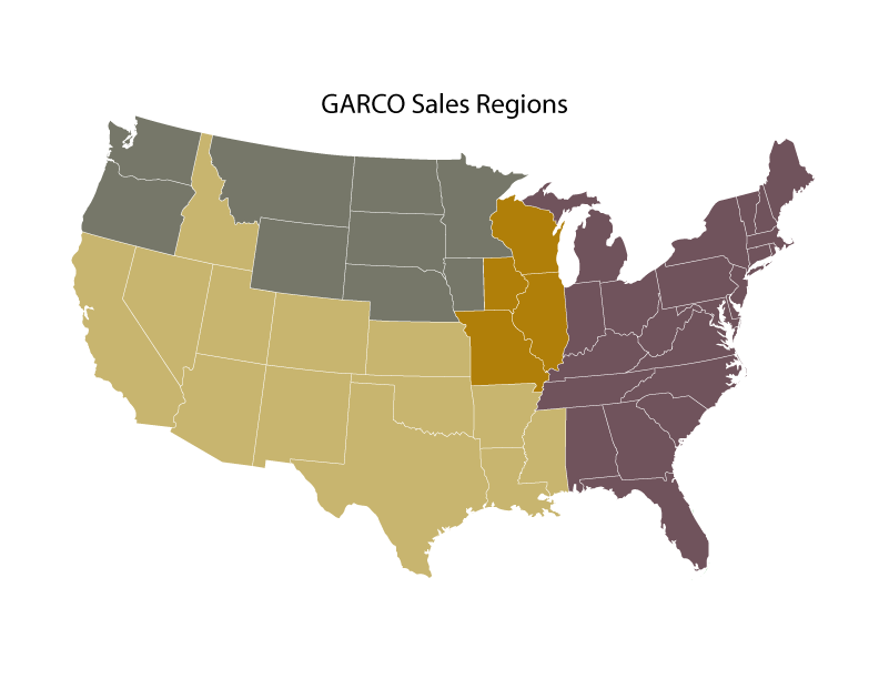 Territory-Map_National Outline Map of the United State with GARCO Sales Regions in color